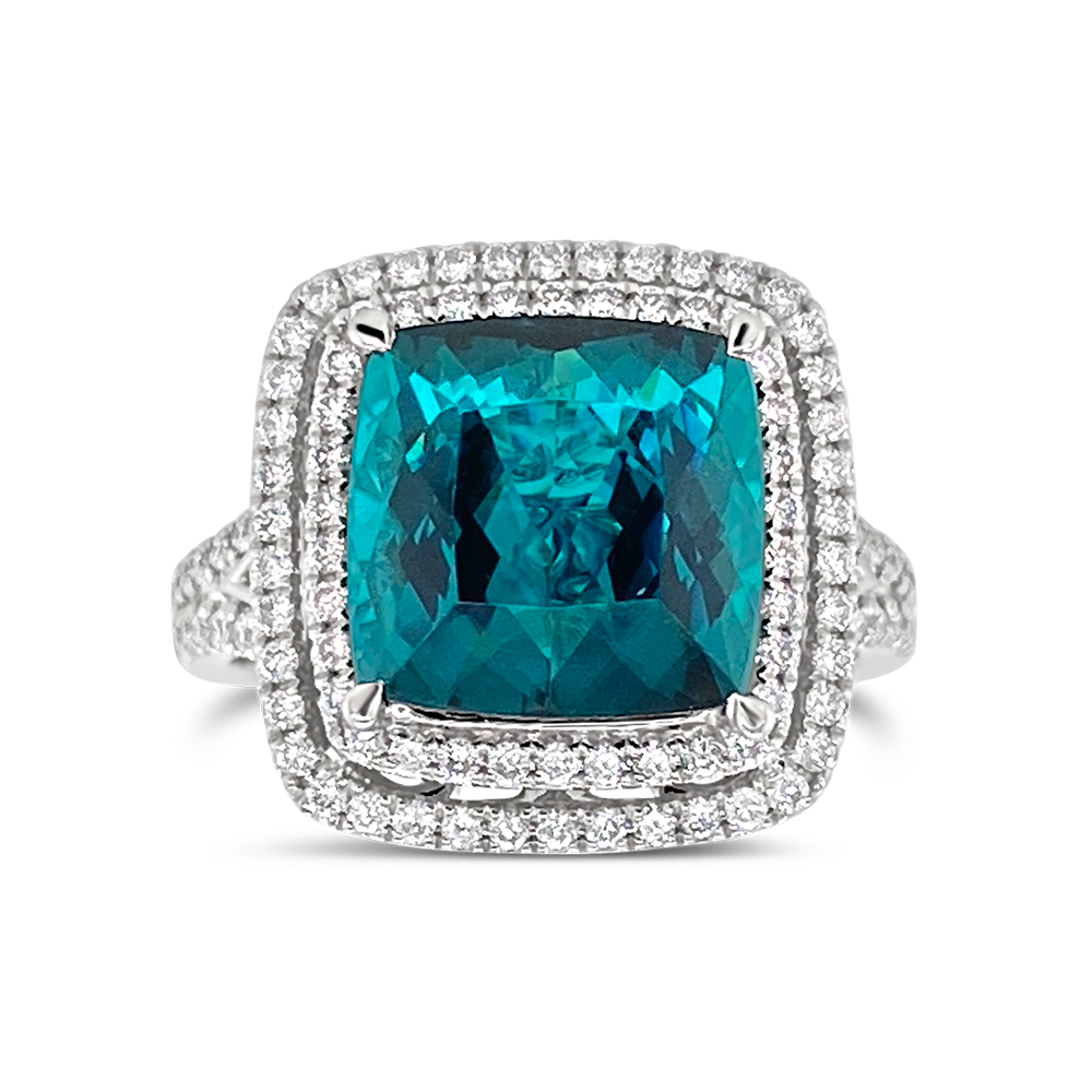 Irisa By Martin Binder Turquoise Tourmaline & Diamond Double Halo Ring