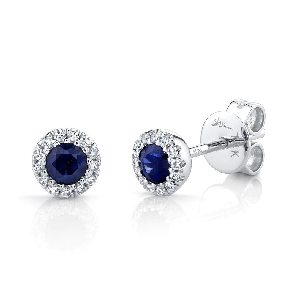 Shy Creation Blue Sapphire & Diamond Halo Stud Earrings