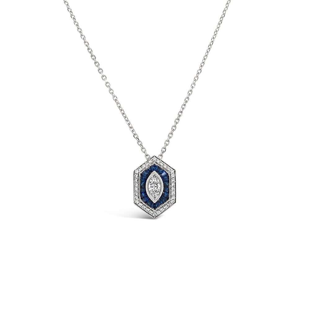 Irisa By Martin Binder Ornate Blue Sapphire & Diamond Double Halo Pendant