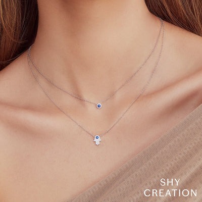 Shy Creation Eden Blue Sapphire & Diamond Halo Necklace