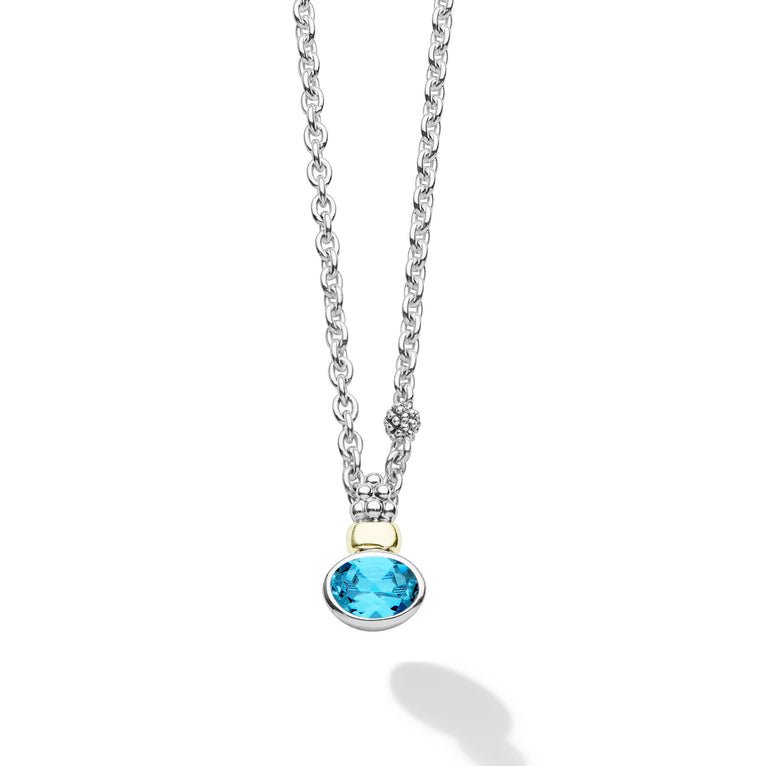 LAGOS Signature Caviar Two-Tone Swiss Blue Topaz Oval Pendant Necklace