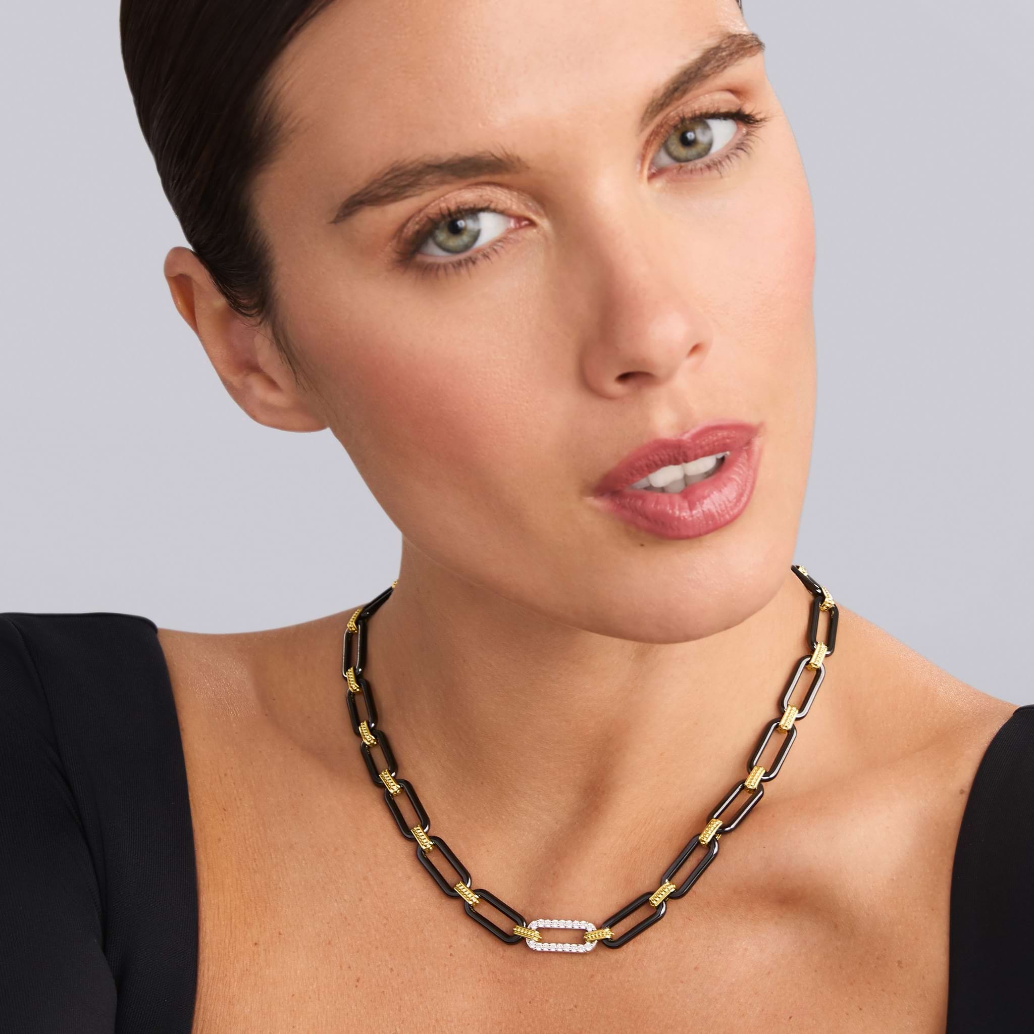 LAGOS 18K Gold & Black Ceramic Diamond Station Link Necklace
