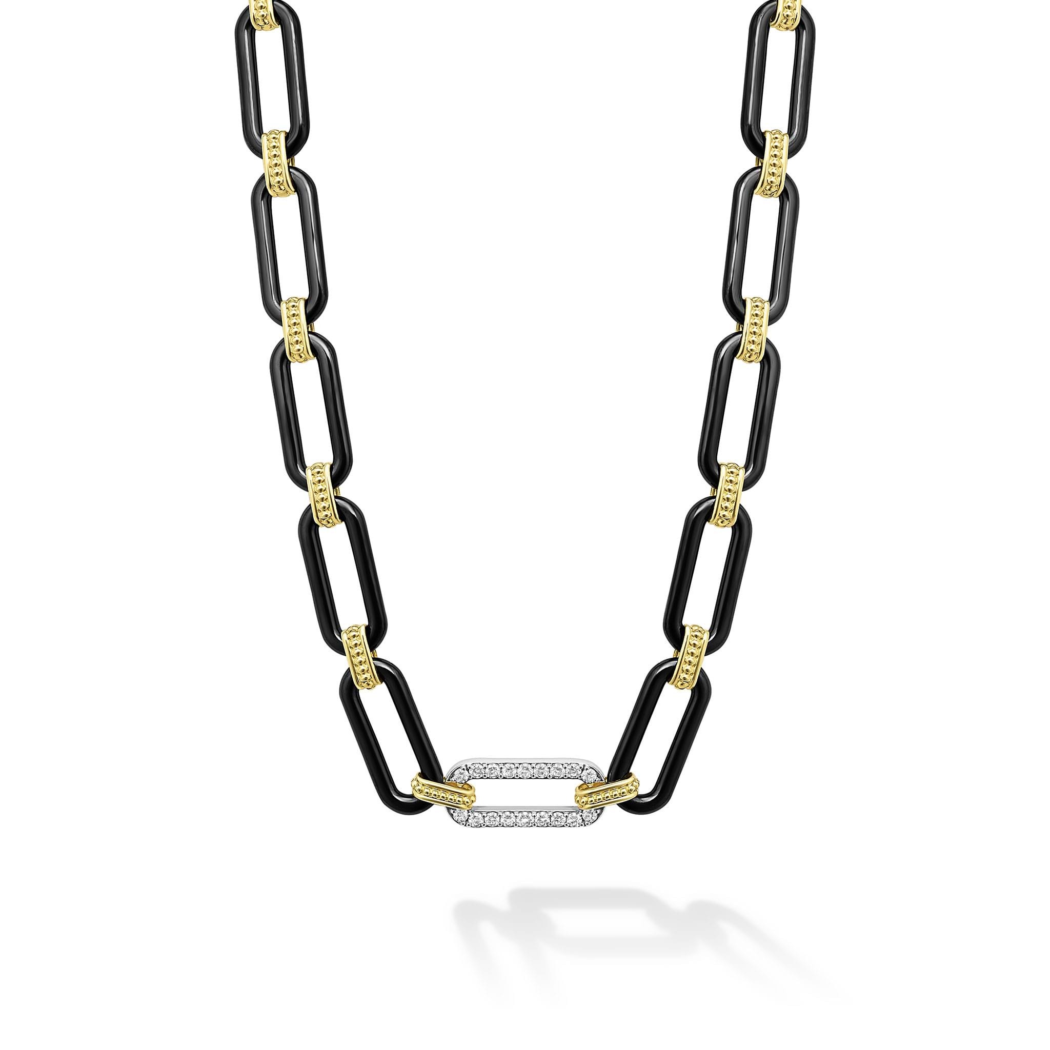 LAGOS 18K Gold & Black Ceramic Diamond Station Link Necklace