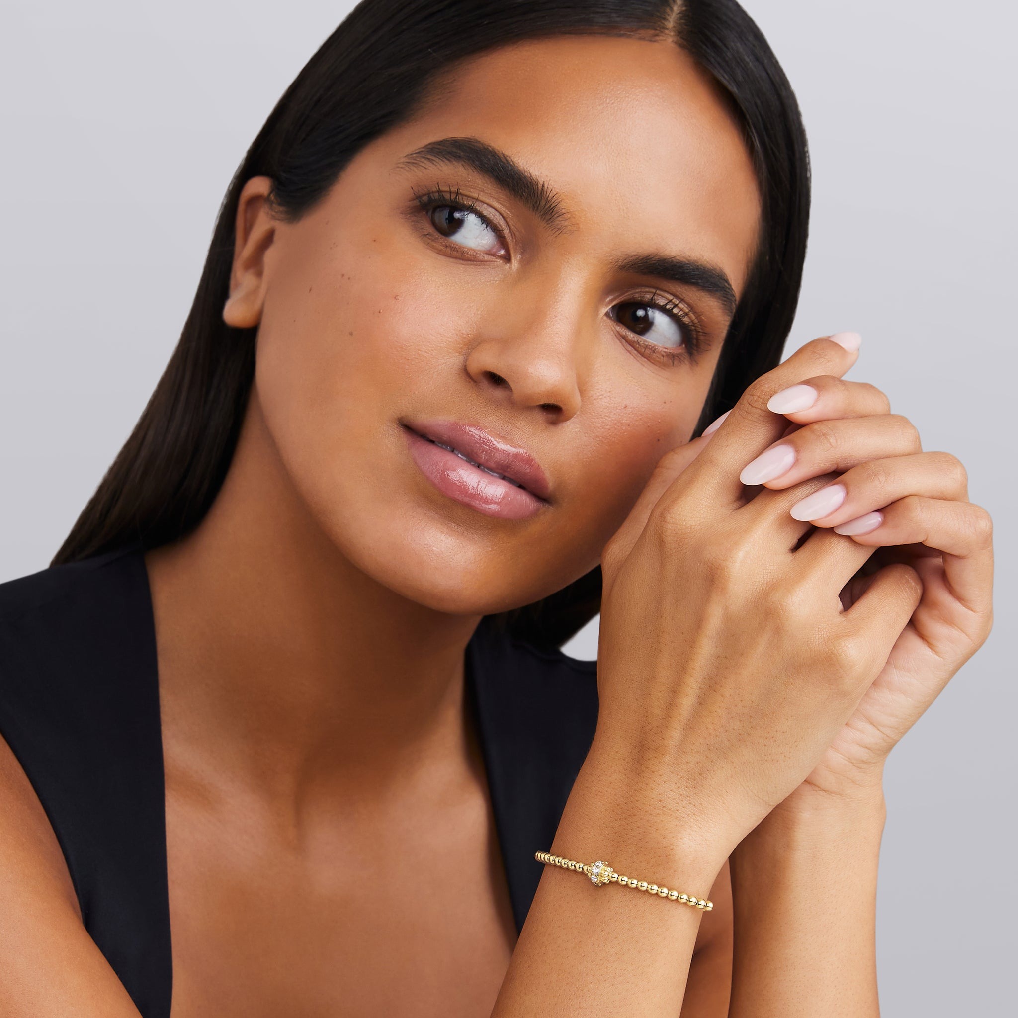 LAGOS Caviar Gold 18K 3mm Beaded Diamond Rondelle Cuff Bracelet