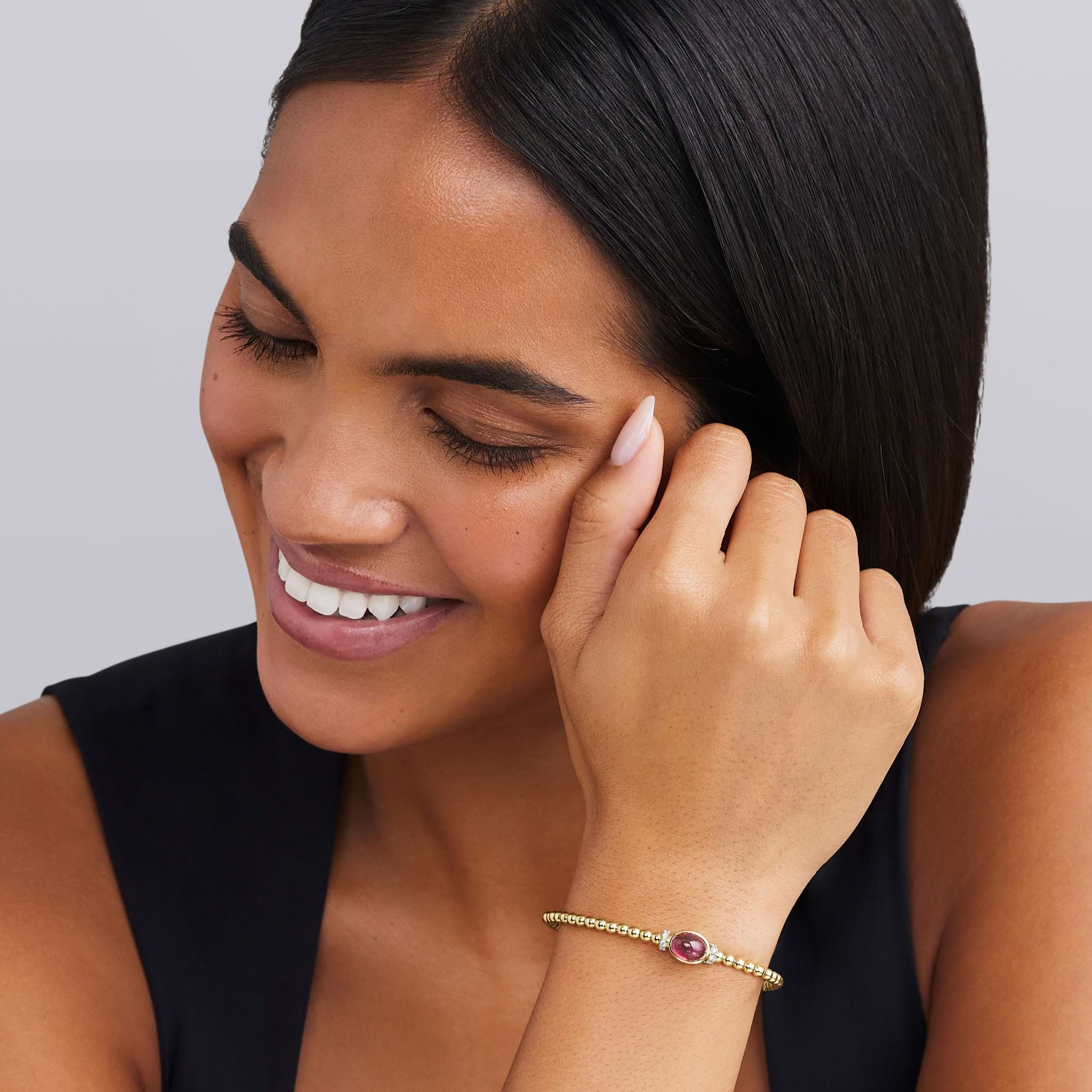 LAGOS Caviar Gold 18K Rhodolite Garnet Beaded Diamond Cuff Bracelet