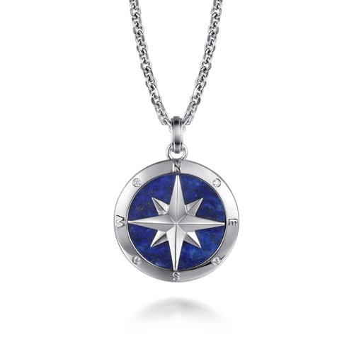 Gabriel & Co. Men Fashion Polaris Diamond & Lapis Compass Pendant Necklace