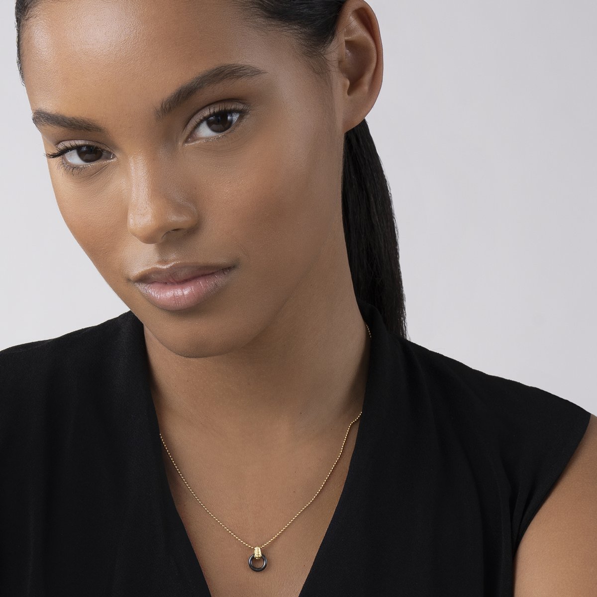 Lagos Gold & Black Ceramic Circle Pendant Necklace