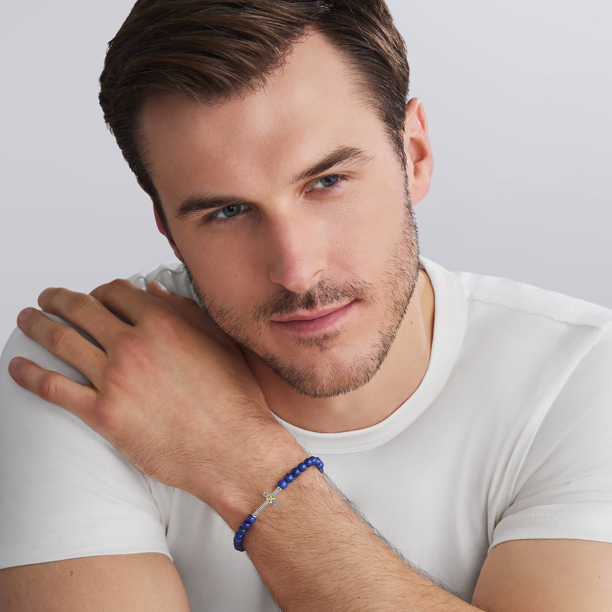 LAGOS Men's Anthem Two-Tone Caviar Cross Lapis Stretch Bracelet