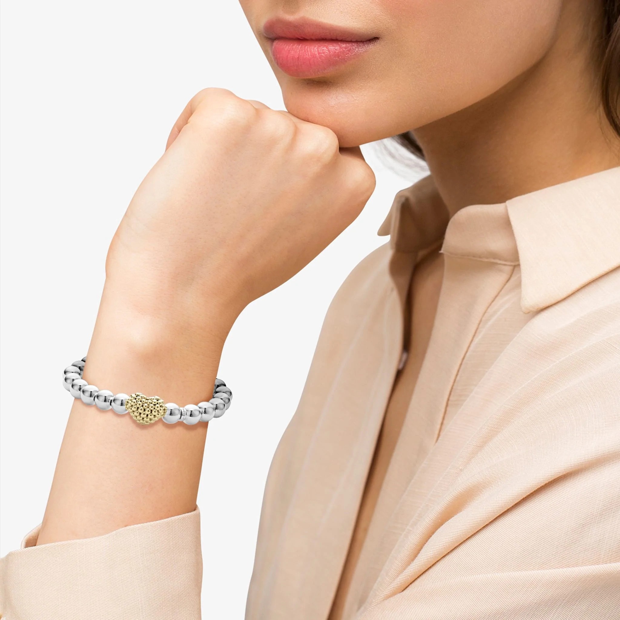 LAGOS Signature Caviar Gold Heart Bead Stretch Bracelet