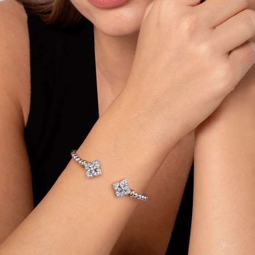 Gabriel & Co. Bujukan Silver Beads & White Sapphire Flower Split Bangle Bracelet