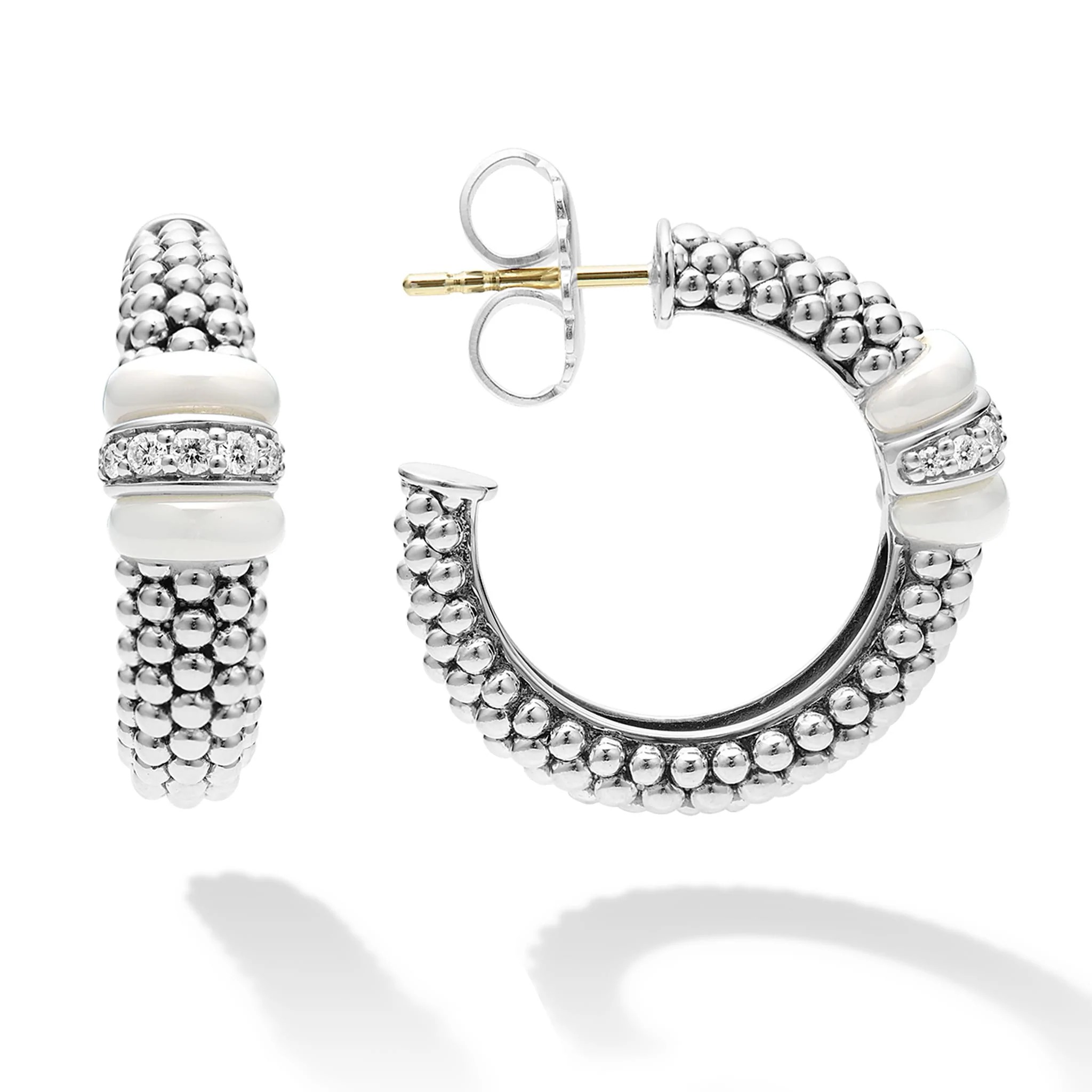 Lagos White Caviar Ceramic Diamond Hoop Earrings