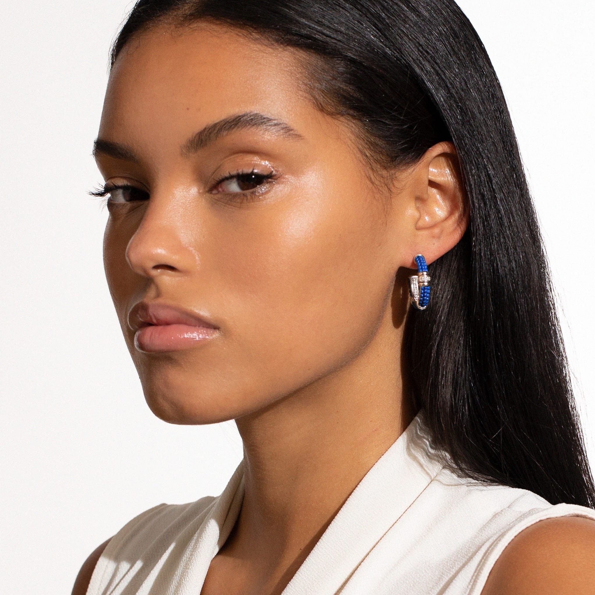 Lagos Blue Caviar Ceramic & Diamond Hoop Earrings
