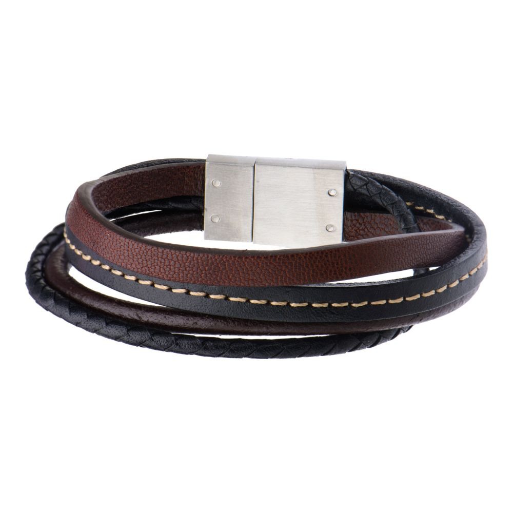 Inox Brown & Black Leather Multi Layered Bracelet