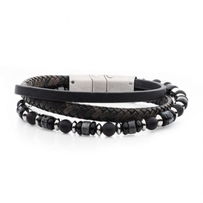 Inox Black & Grey Leather Bracelet