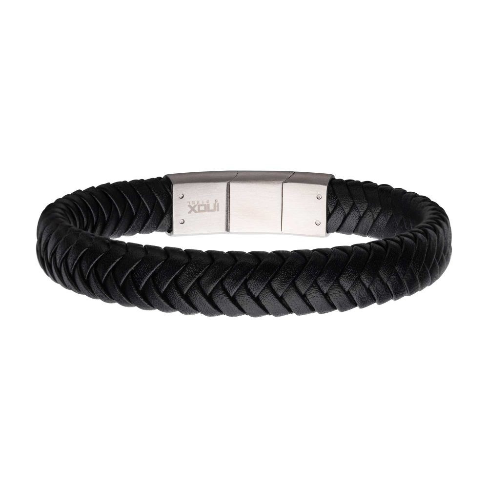 INOX Black Braided Leather Bracelet