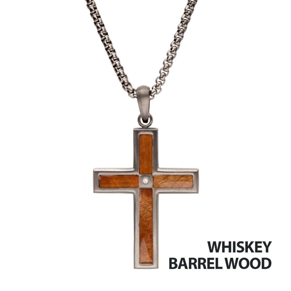 Inox Whiskey Barrel Wood Inlay Cross Pendant Necklace