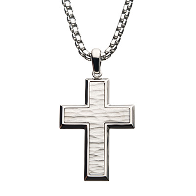 INOX Matte Hammered Cross Pendant Necklace
