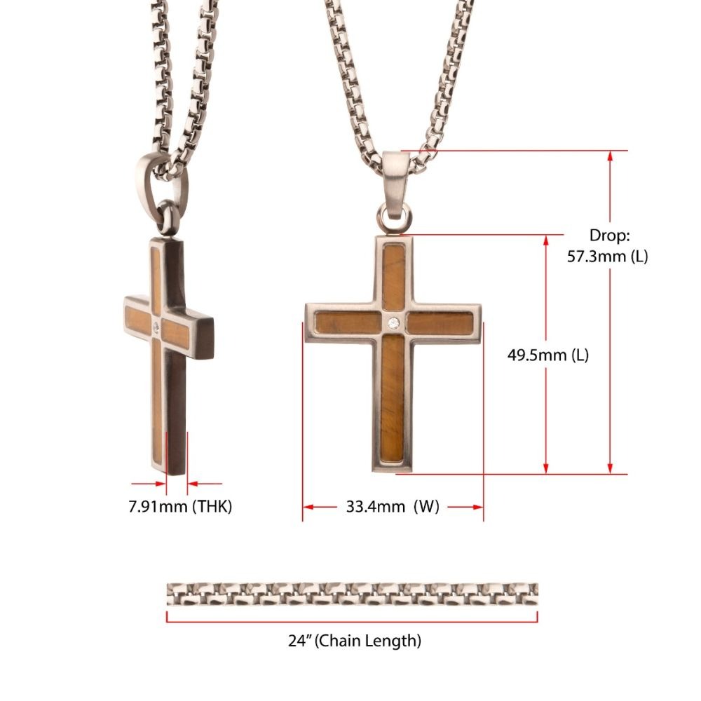 INOX Whiskey Barrel Wood Inlay Cross Pendant Necklace