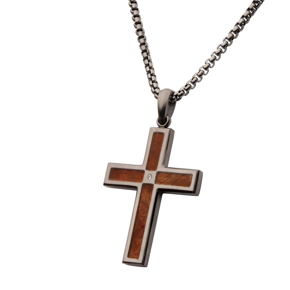 INOX Whiskey Barrel Wood Inlay Cross Pendant Necklace