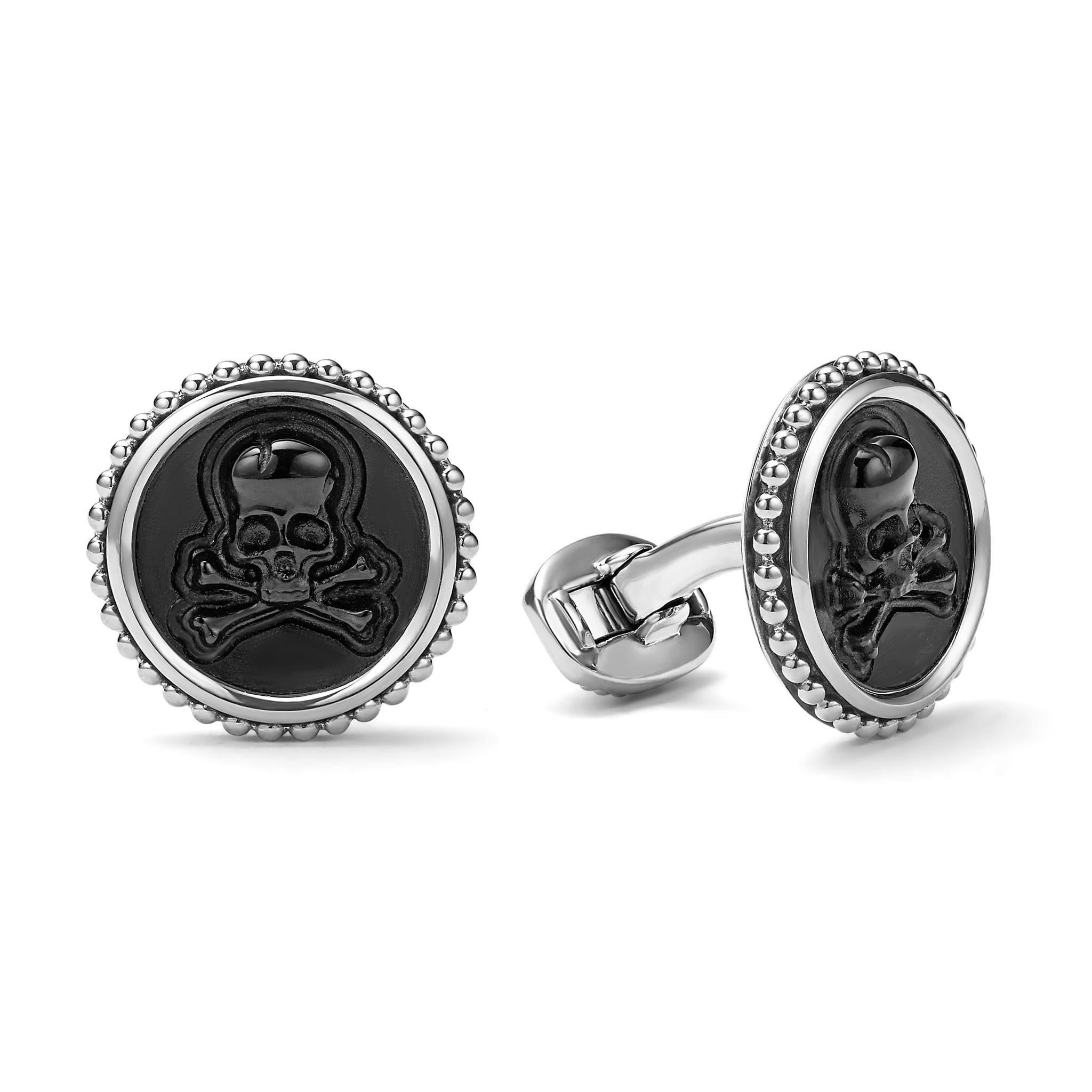 Lagos Men's Anthem Black Agate Skull Cufflinks