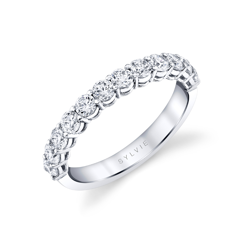 14K WHITE GOLD SHARED PRONG BAND WITH .85CTTW ROUND SI2 CLARITY & HI COLOR DIAMONDS SET HALF WAY