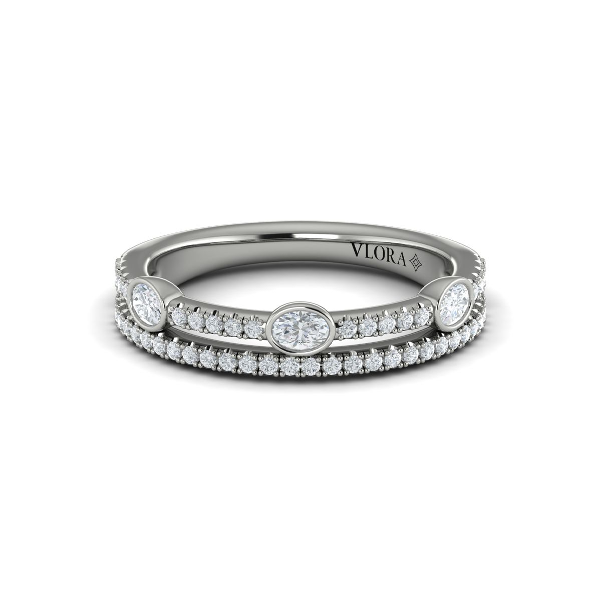 14K WHITE GOLD .52CTTW VS CLARITY & FG COLOR DOUBLE ROW DIAMOND BAND ONE WITH BEZEL SET OVALS AND ROUND AND ONE WITH ROUNDS
