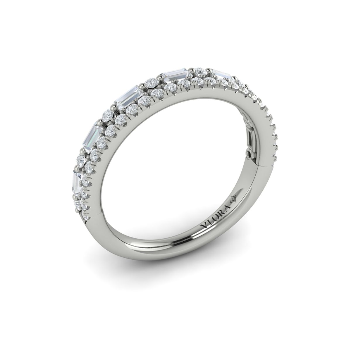 14K WHITE GOLD .57CTTW VS CLARITY & FG COLOR DIAMONDS DOUBLE ROW BAND ONE SHARED PRONG BAND AND ONE ALTERNATING ROUND AND BAGUETTES