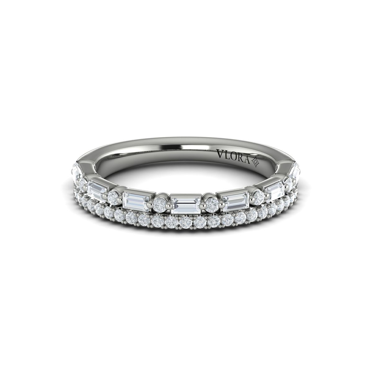 14K WHITE GOLD .57CTTW VS CLARITY & FG COLOR DIAMONDS DOUBLE ROW BAND ONE SHARED PRONG BAND AND ONE ALTERNATING ROUND AND BAGUETTES