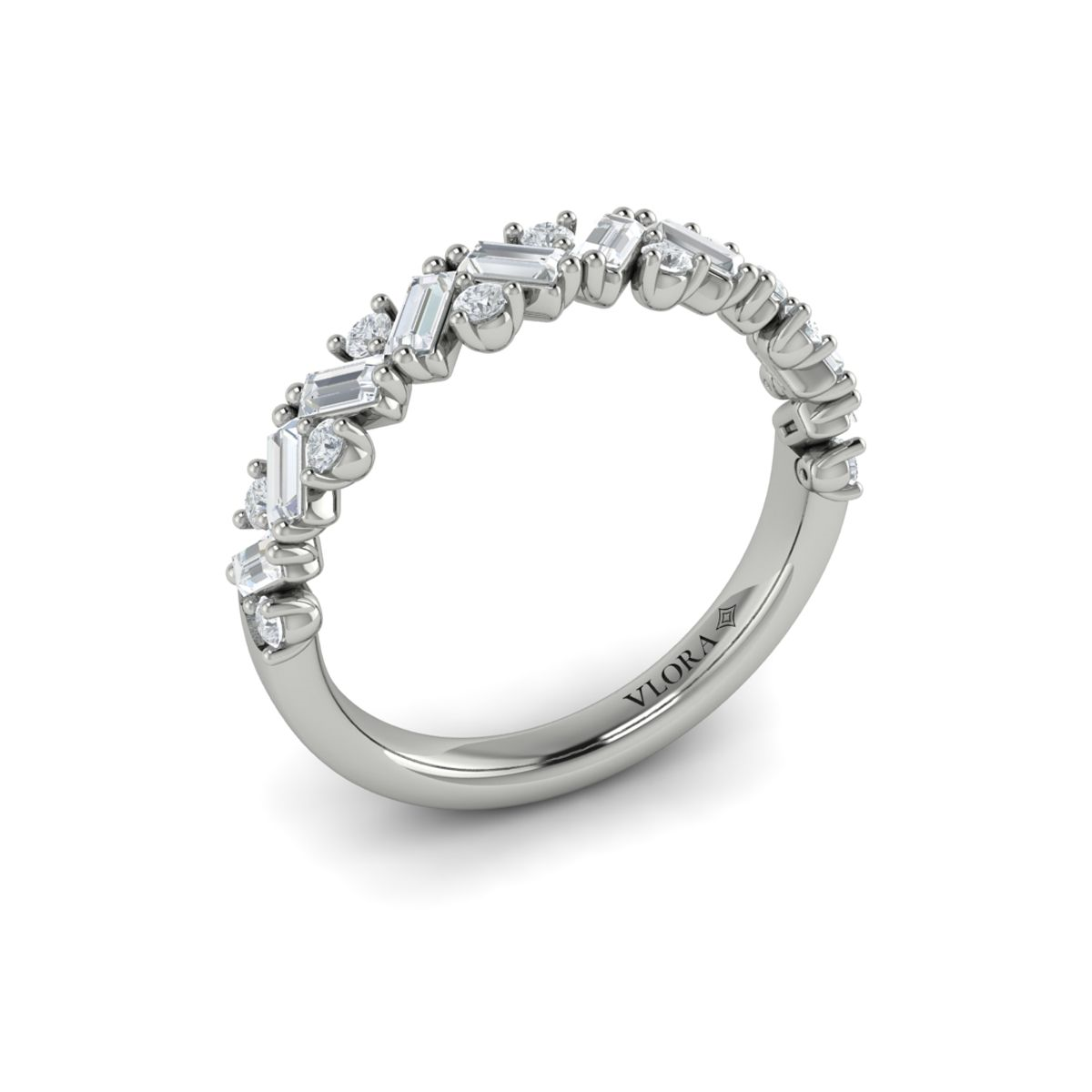 14K WHITE GOLD BAND WITH .71CTTW ROUND AND V SET BAGUETTE VS CLARITY & FG COLOR DIAMONDS