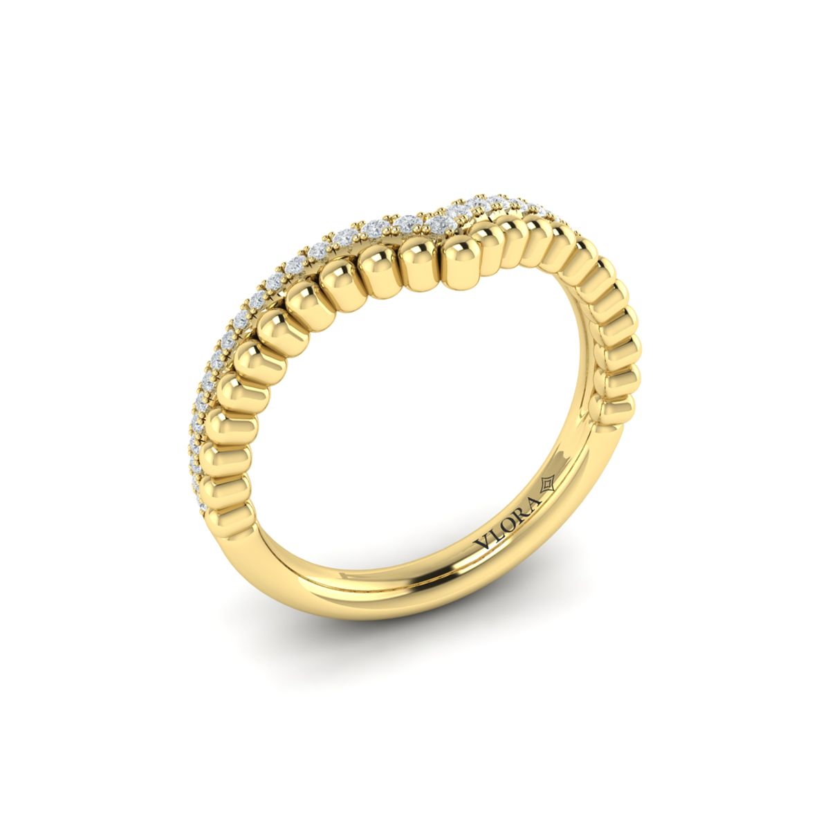 14K YELLOW GOLD DOUBLE ROW V BAND WITH ONE BEADED BAND AND ONE PRONG SET BAND WITH .15CTTW ROUND VS CLARITY & FG COLOR DIAMONDS