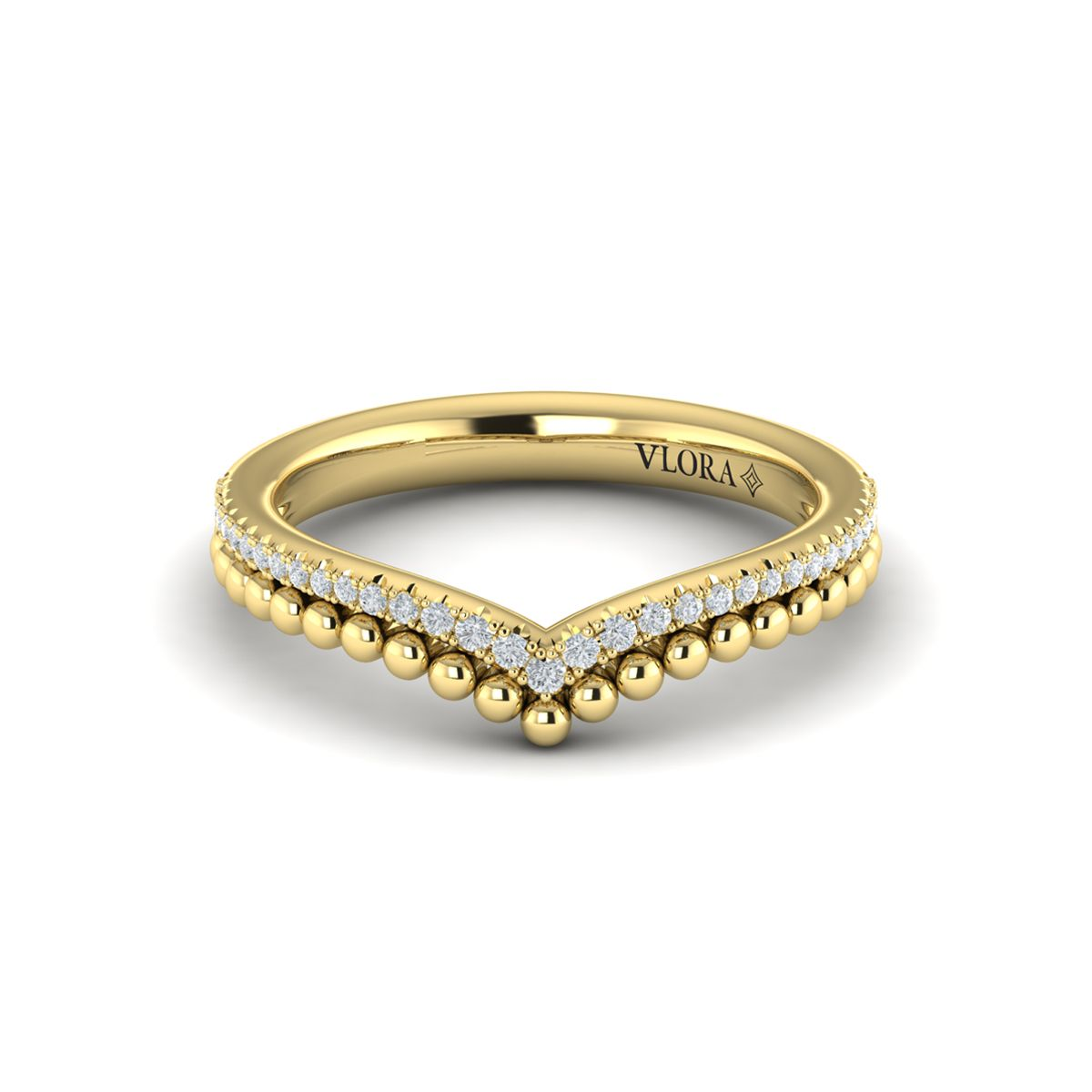 14K YELLOW GOLD DOUBLE ROW V BAND WITH ONE BEADED BAND AND ONE PRONG SET BAND WITH .15CTTW ROUND VS CLARITY & FG COLOR DIAMONDS