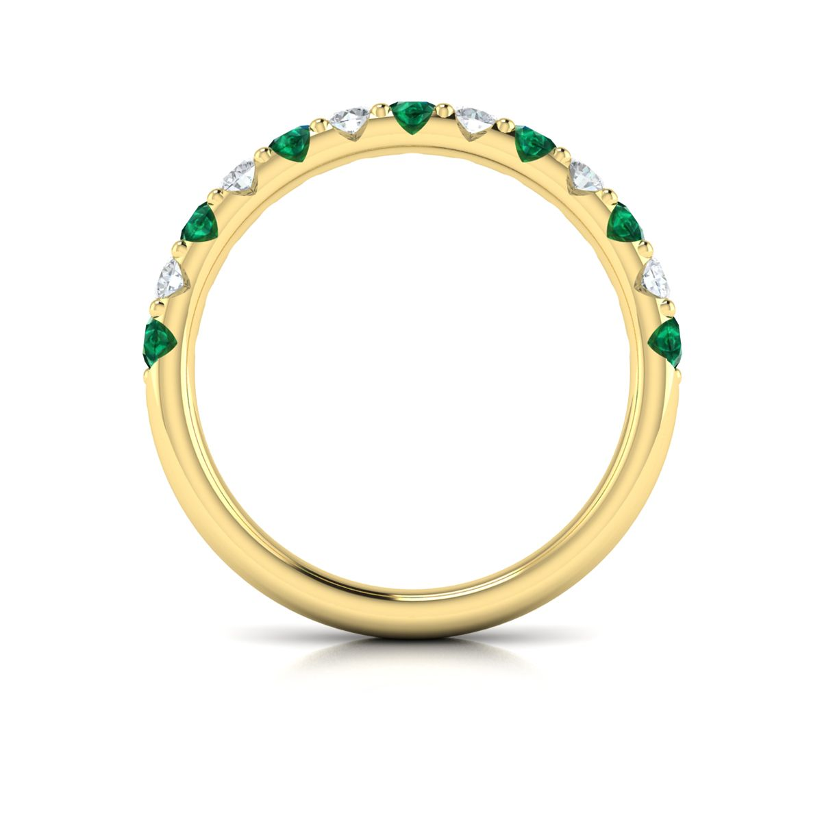14K YELLOW GOLD SHARED PRONG BAND ALTERNATING WITH .29CTTW ROUND VS CLARITY & FG COLOR DIAMONDS AND .31CTTW ROUND EMERALDS