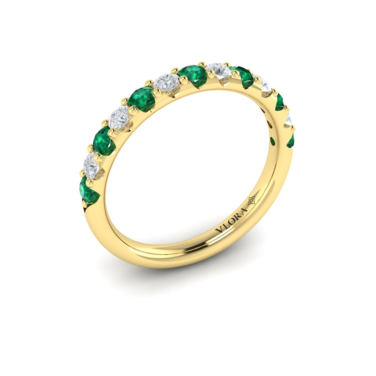 14K YELLOW GOLD SHARED PRONG BAND ALTERNATING WITH .29CTTW ROUND VS CLARITY & FG COLOR DIAMONDS AND .31CTTW ROUND EMERALDS
