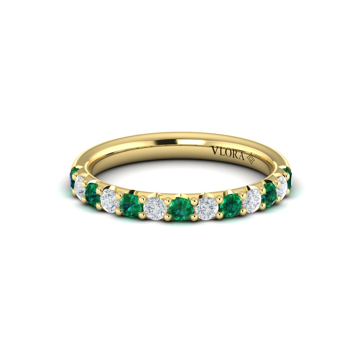 14K YELLOW GOLD SHARED PRONG BAND ALTERNATING WITH .29CTTW ROUND VS CLARITY & FG COLOR DIAMONDS AND .31CTTW ROUND EMERALDS