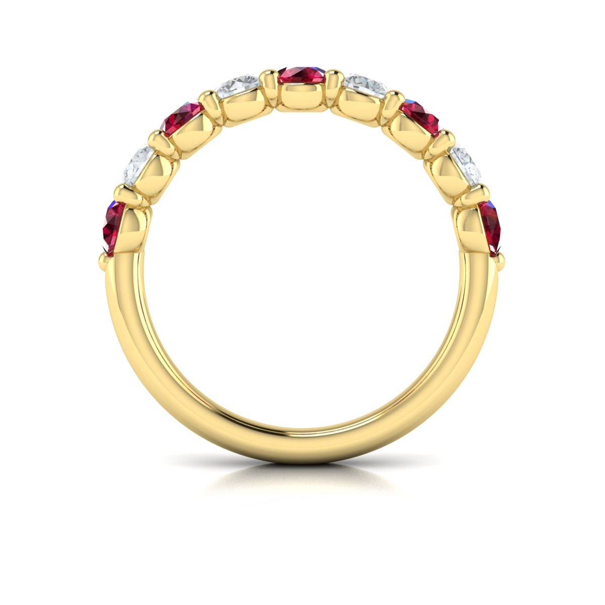 14K YELLOW GOLD SHARED PRONG BAND WITH .54CTTW ROUND VS CLARITY & FG COLOR DIAMONDS ALTERNATING WITH .79CTTW ROUND RUBIES