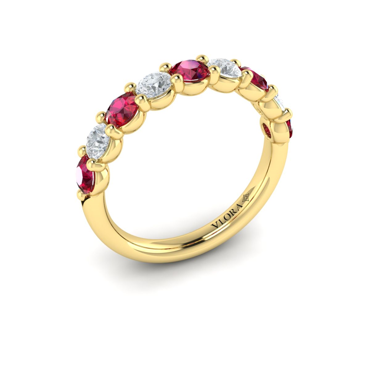 14K YELLOW GOLD SHARED PRONG BAND WITH .54CTTW ROUND VS CLARITY & FG COLOR DIAMONDS ALTERNATING WITH .79CTTW ROUND RUBIES