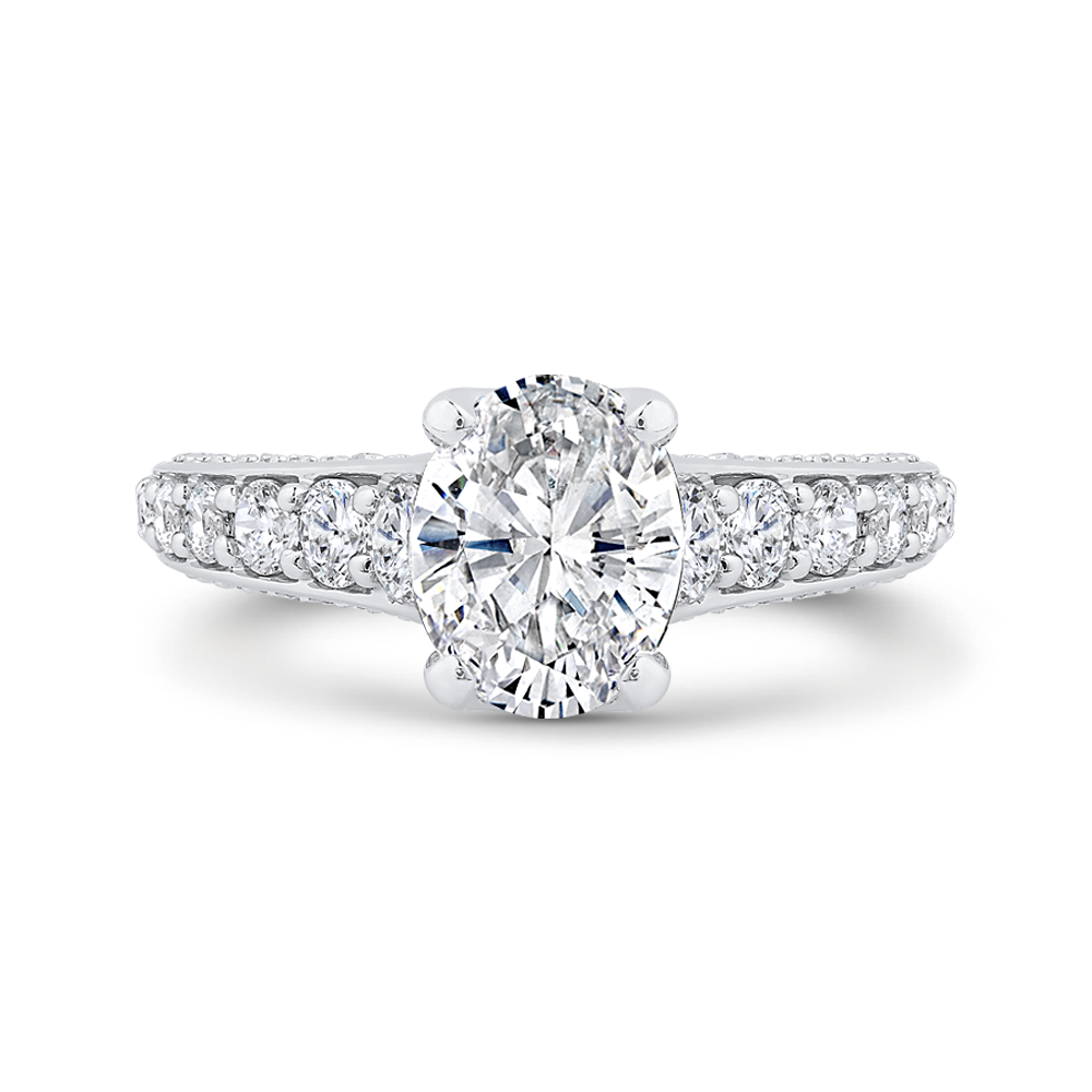 14K WHITE GOLD FOUR PRONG SEMI MOUNTING WITH .73CTTW ROUND SI CLARITY & GH COLOR DIAMONDS SET ON THE THREE SIDES OF THE SHANK AND UNDER THE OVAL HEAD (FOR A 2 CT OVAL)