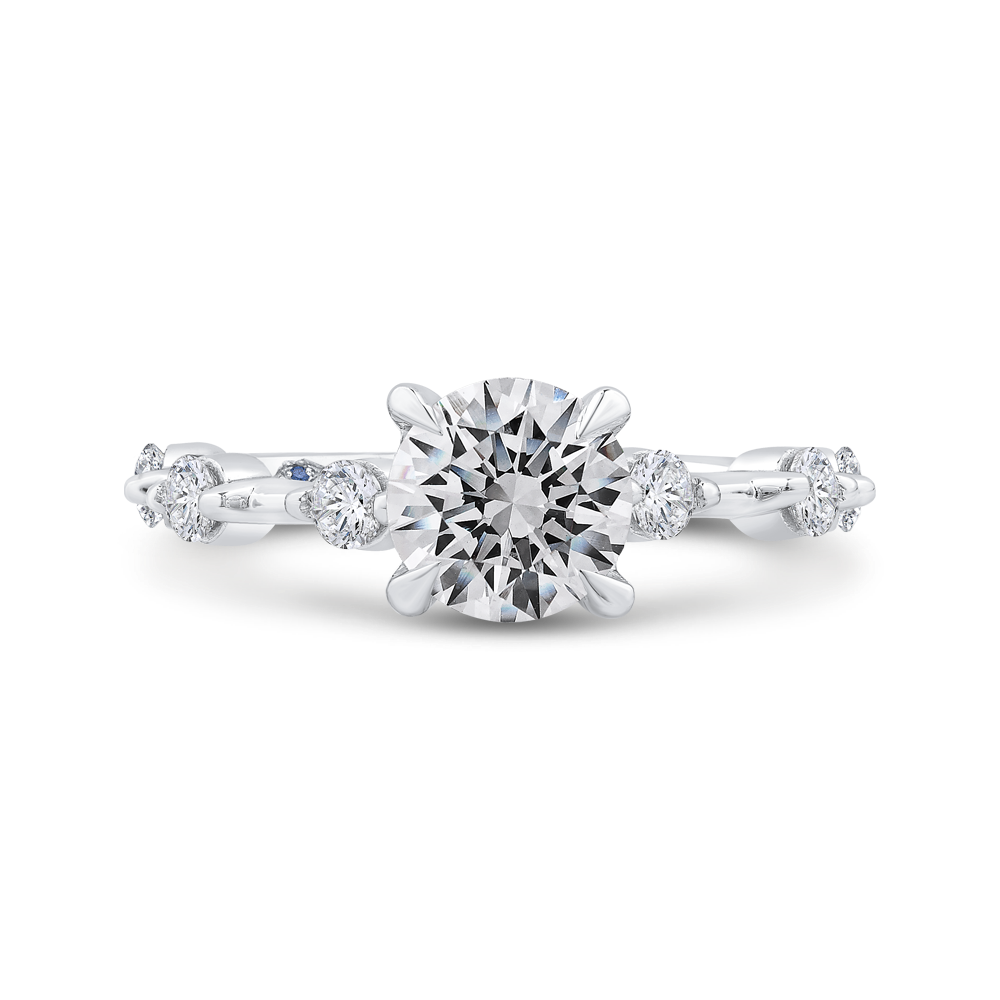 14K WHITE GOLD FOUR PRONG SEMI MOUNTING WITH .47CTTW ROUND SI CLARITY & GH COLOR DIAMONDS PRONG SET IN THE SHANK AND BEZEL SET UNDER THE HEAD
