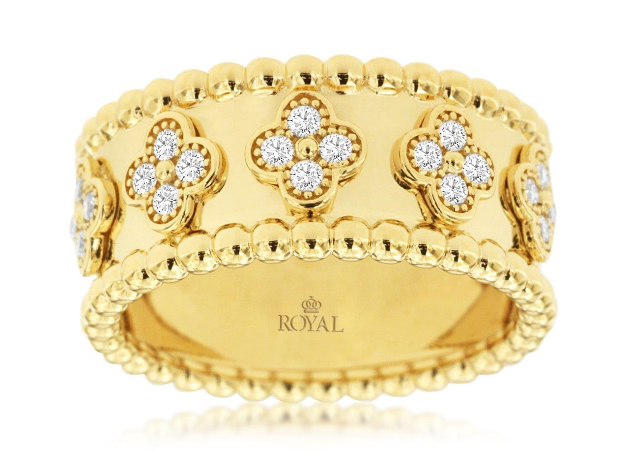 14K YELLOW GOLD BEADED EDGE BAND RING WITH .25CTTW ROUND I1 CLARITY & HI COLOR DIAMONDS SET IN A CLOVER STYLE
