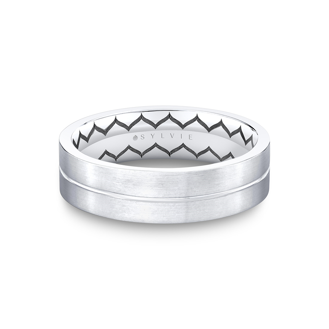 14K WHITE GOLD "SHELL ASCEND" 6MM BRUSHED BAND WITH BLACK RHODIUM WEDDING BAND SIZE 10