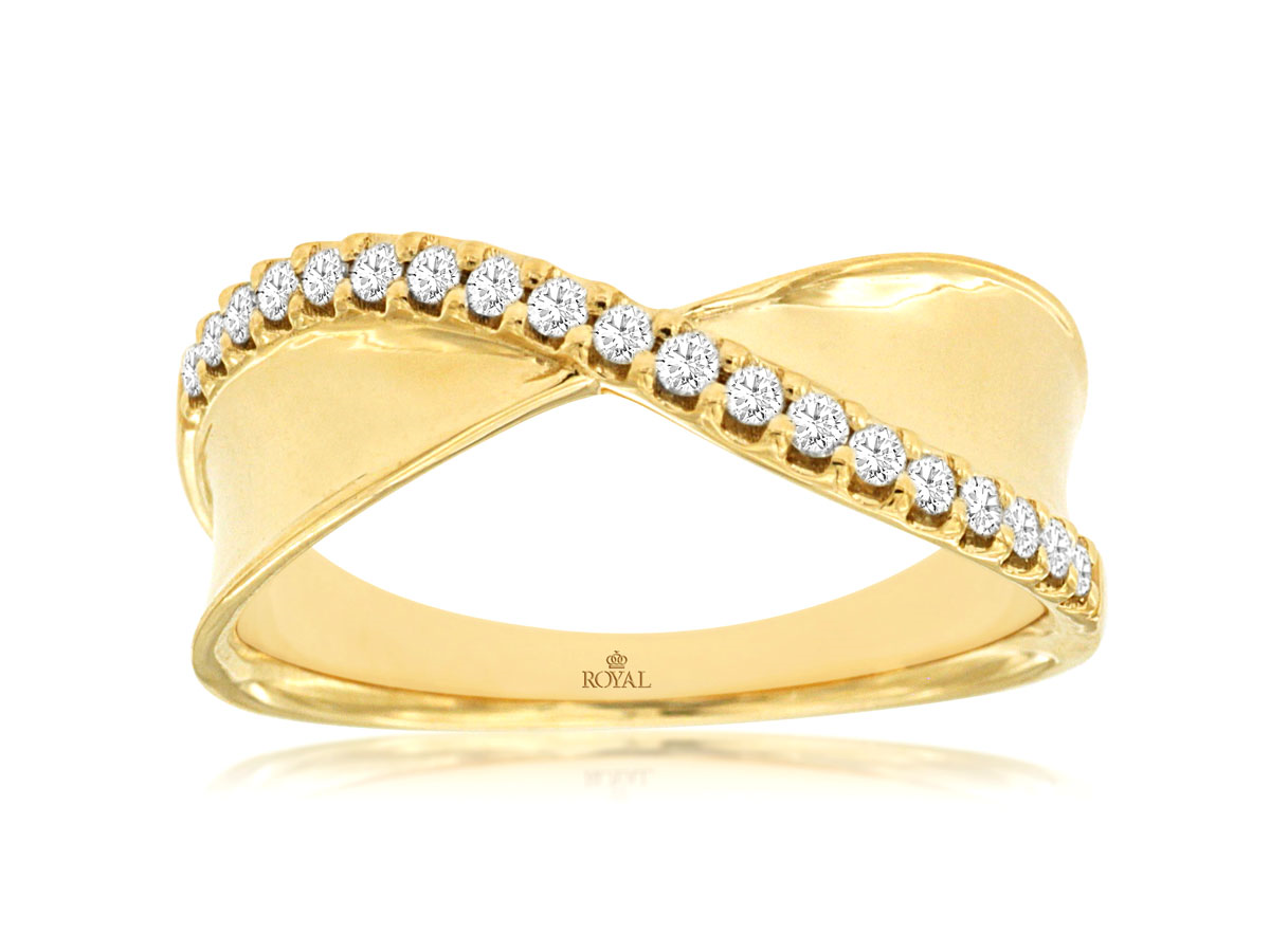 14K YELLOW GOLD CROSSOVER BAND WITH A ROW OF .20CTTW ROUND I1 CLARITY & HI COLOR DIAMOND