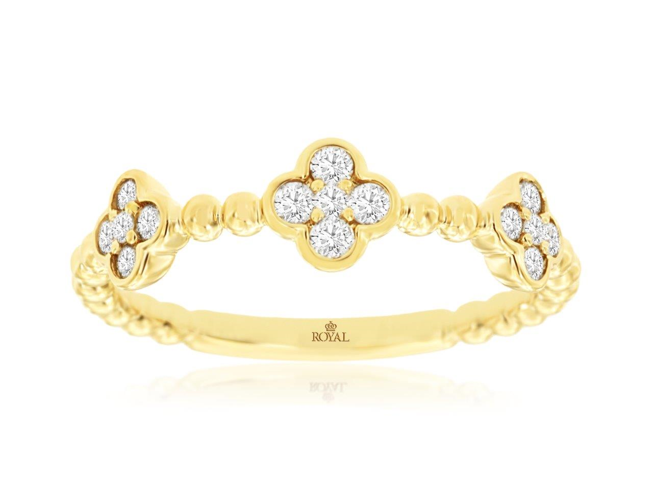 14K YELLOW GOLD BEADED BAND WITH .25CTTW ROUND I1 CLARITY & HI COLOR DIAMONDS SET IN THREE  CLOVERS