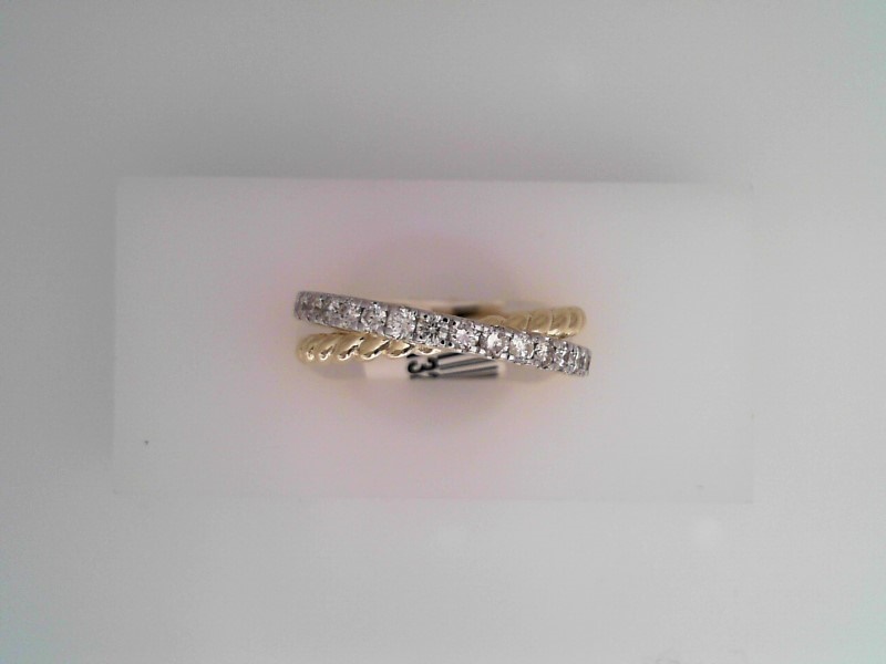 14K YELLOW GOLD CROSSOVER BAND WITH TWISTED ROPE DESIGN AND .43CTTW ROUND I1 CLARITY & HI COLOR DIAMONDS