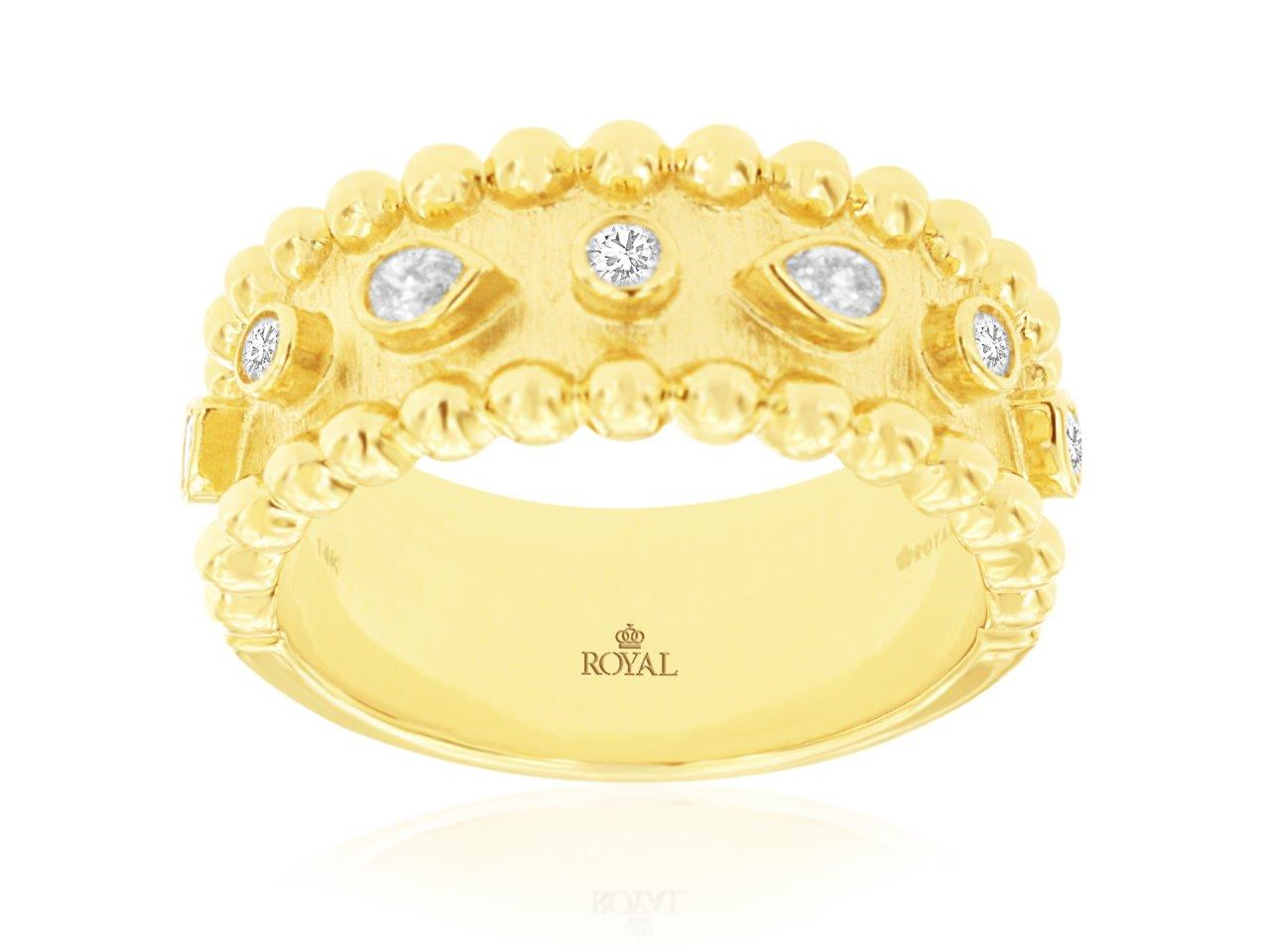 14K YELLOW GOLD SATIN FINISH BEADED BAND SET WITH .28CTTW ROUND AND PEAR SHAPED I1 CLARITY & HI COLOR BEZEL SET DIAMONDS