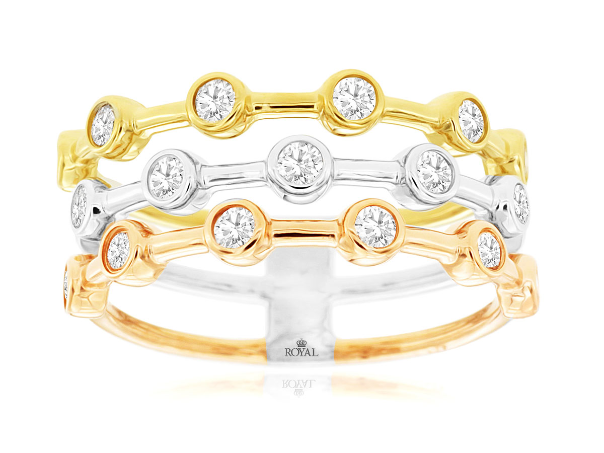 14K WHITE, ROSE AND YELLOW GOLD TRIPLE ROW BAND WITH .52CTTW ROUND I1 CLARITY & HI COLOR BEZEL SET DIAMONDS