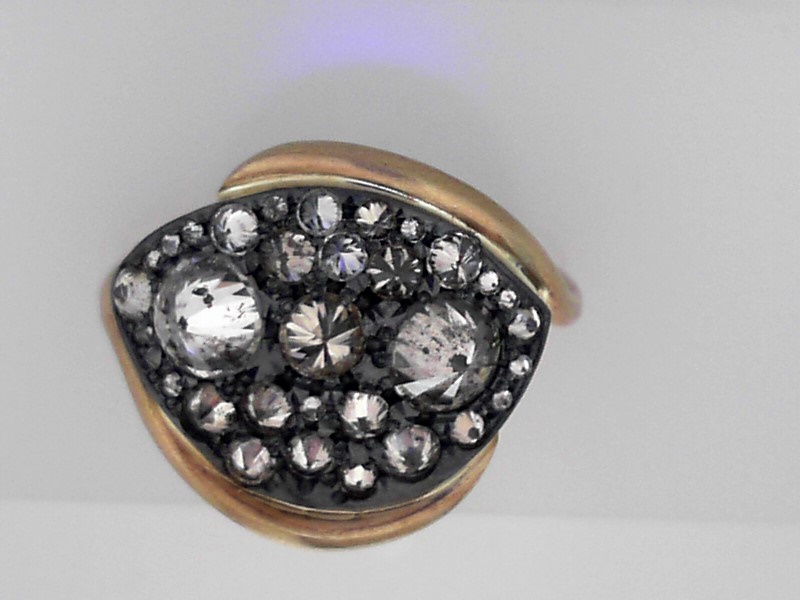 CUSTOM MADE BY GRANT 14K YELLOW GOLD BYPASS SHANK RING WITH 2.05CTTW ROUND I1/SI1 CLARITY & H-M COLOR LIGHT BROWN DIAMONDS SET CULETS UP IN OXIDIZED STERLING SILVER