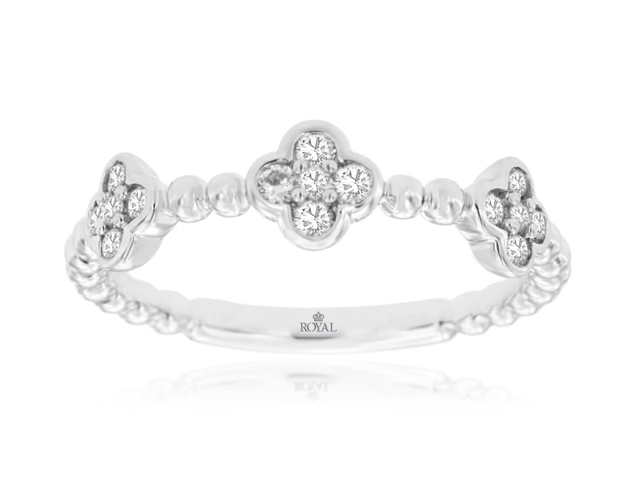 14K WHITE GOLD BEADED BAND WITH THREE CLOVER CLUSTERS SET WITH .25CTTW ROUND I1 CLARITY & HI COLOR DIAMONDS