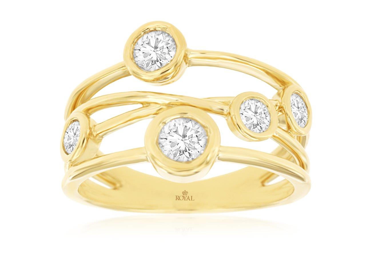 14K YELLOW GOLD FOUR ROW BAND WITH .76CTTW ROUND I1 CLARITY & HI COLOR BEZEL SET DIAMONDS