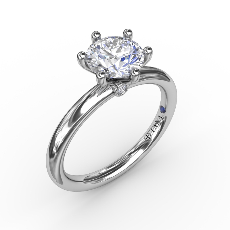 14K WHITE GOLD SIX PRONG SOLITAIRE SETTING WITH .02CTTW ROUND DIAMONDS SET UNDER THE HEAD (FOR A 1.5CT ROUND CENTER)