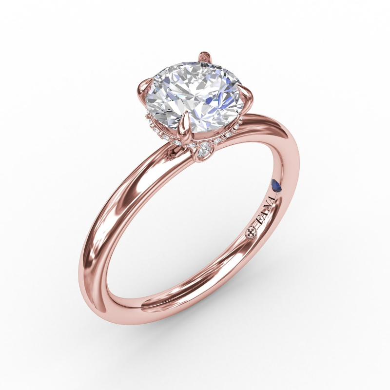 14K ROSE GOLD FOUR PRONG SOLITAIRE SETTING WITH .08CTTW ROUND SI CLARITY & G COLOR DIAMONDS SET IN THE HIDDEN HALO AND PEEK A BOO (FOR A 1.5CT ROUND)